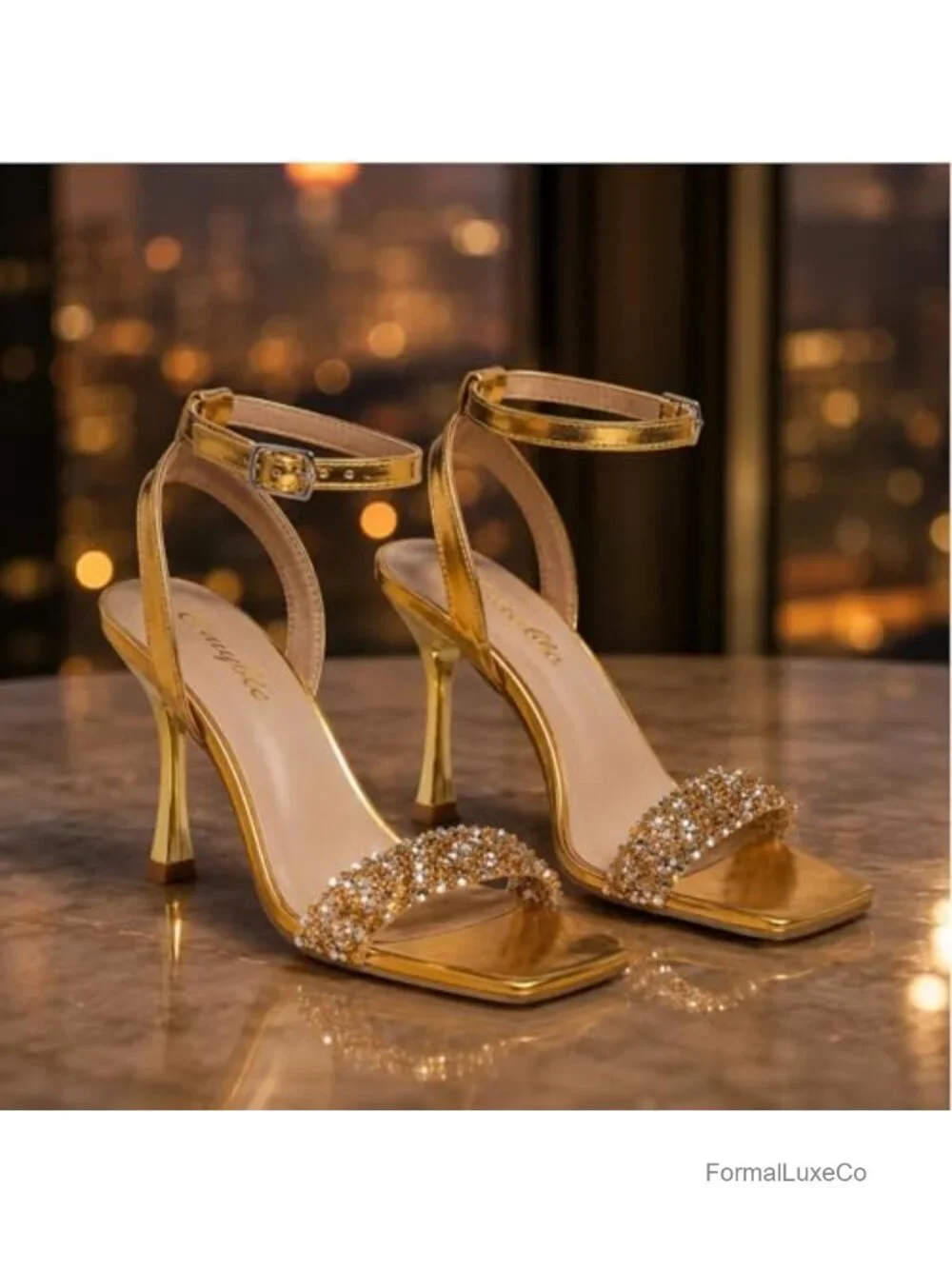Rhinestone Open Toe Heeled Sandals 3.5